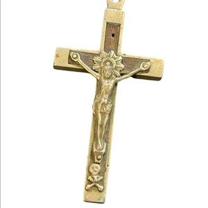 Large Antique Crucifix wood metal cross bones Catholic